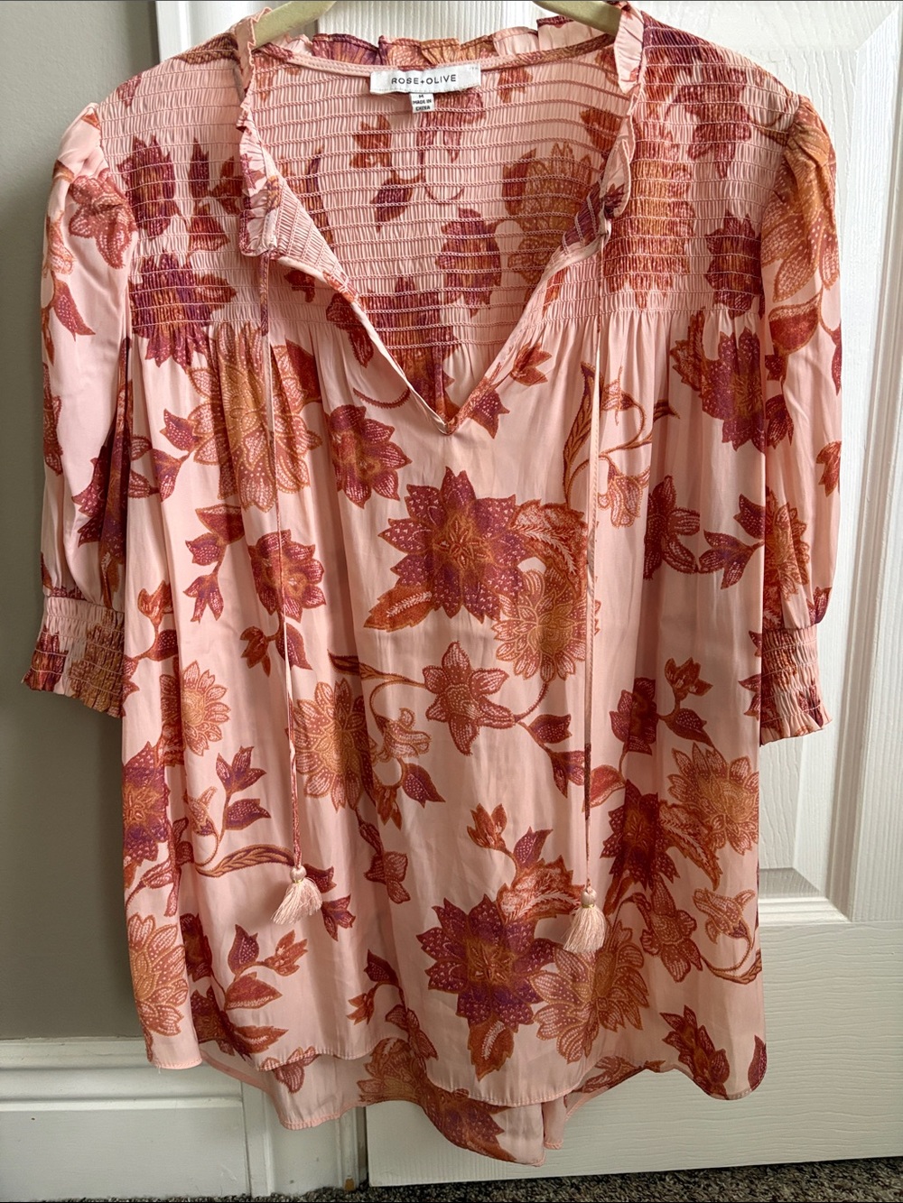 Rose & Olive Blush Pink Floral Smocked Peasant Tunic
